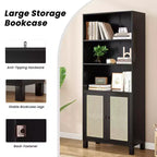 TUYOHW Tall Bookcase with Rattan Doors,5-Shelf Freestanding Storage Cabinet,Bookshelf for Living Room,Bedroom,Home Office