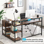 L Shaped Desk with Drawer, Home Office Corner Desk with Storage Shelves and Monitor Stand, Rustic PC Desk for Small Space