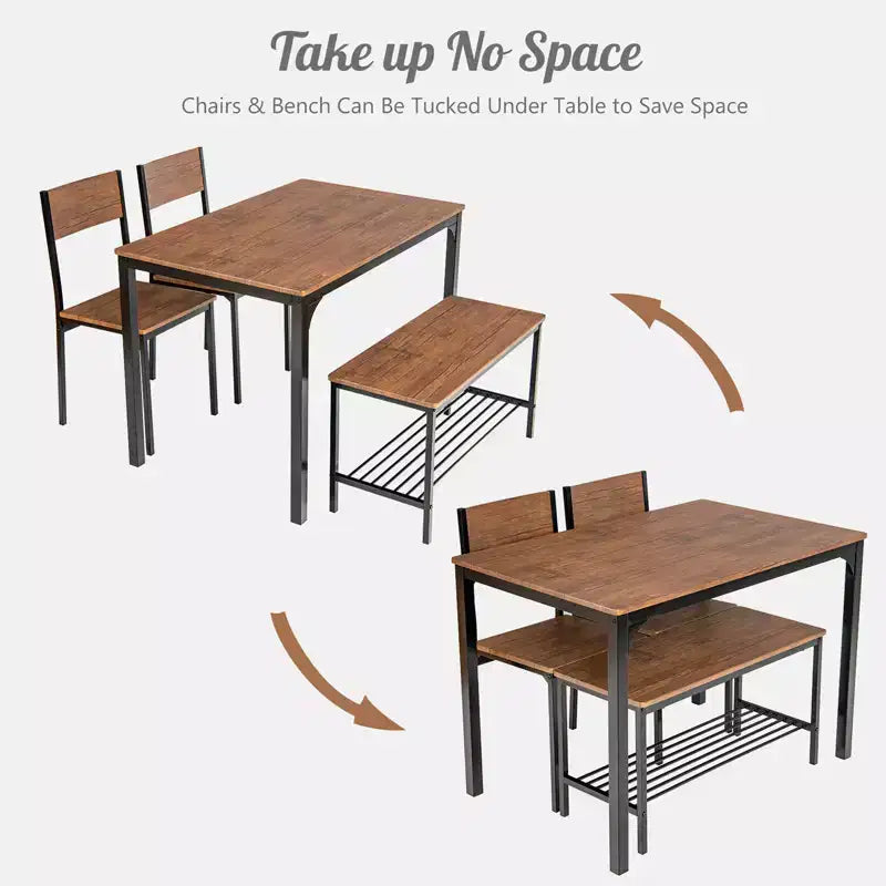 Costway 4pcs Dining Table Set Rustic Desk 2 Chairs & Bench w/ Storage Rack