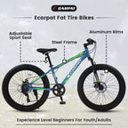 Okak 24IN Fat Tire Bike with Front Suspension, 7-Speed Mountain Bike with Disc Brake and High-Carbon Steel Frame, Trail Bike for Commuting