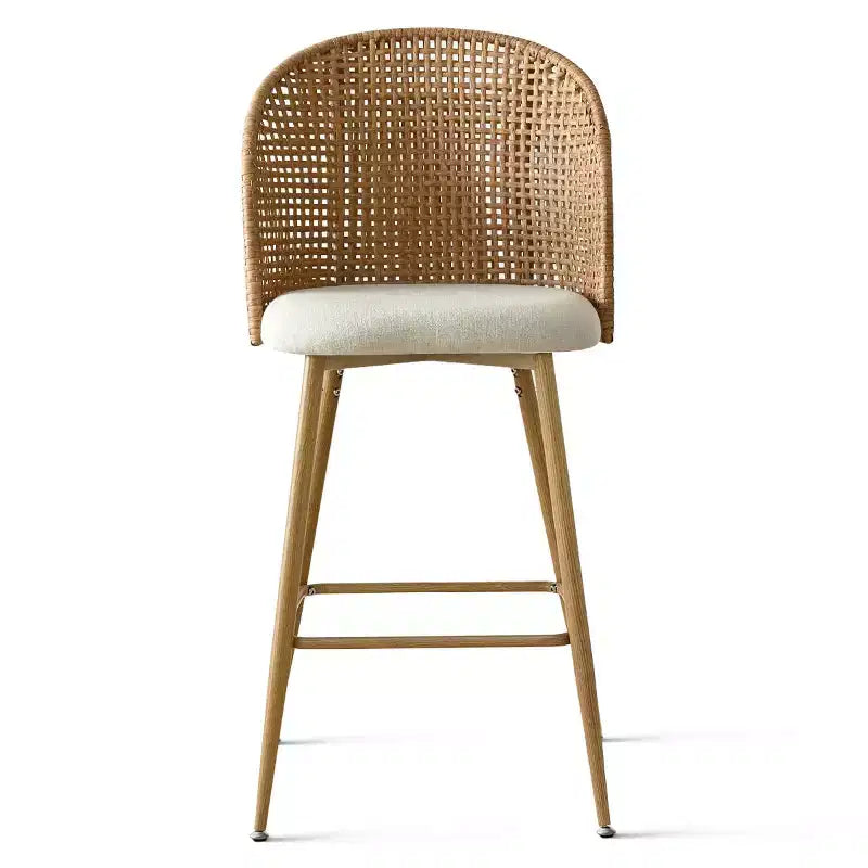 Set of 2 Natural Rattan Bar Stools, 29 Bar Height Boho Upholstered High Chairs with Woven Back - Panipeachy