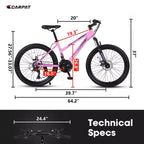 Okak 24/26IN Mountain Bike with 21 Speeds and Dual Disc Brakes, Kids Bike with 100mm Front Suspension, Dirt Bike for Teenagers and Women