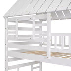 Whisen Twin over Twin House Bunk Bed with Trundle and Slide, Storage Staircase, Roof and Window Design