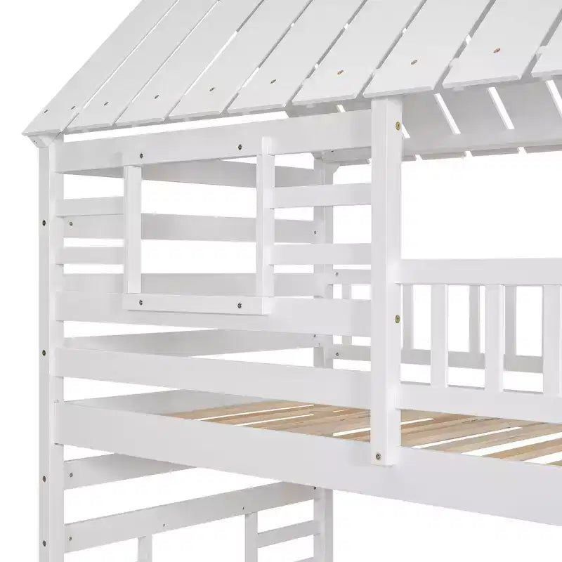 Whisen Twin over Twin House Bunk Bed with Trundle and Slide, Storage Staircase, Roof and Window Design