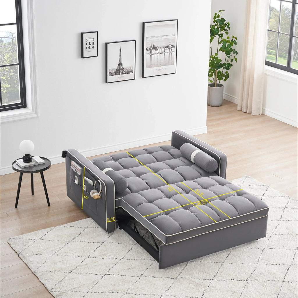 Velvet Convertible 55 2-Seater Sleeper Sofa with Pull-Out Bed, Adjustable Recline, Side Pockets, and Phone Holder