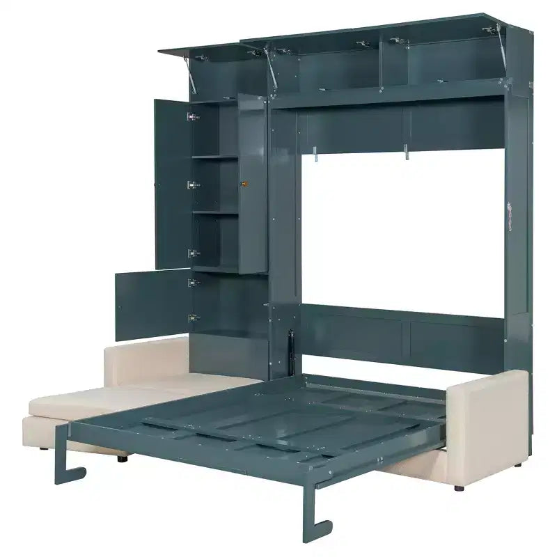 Queen Size Murphy Bed with Sofa and Cabinet, Wooden Queen Cabinet Bed Wall Bed with Shelves, Folding Wall Chest Bed for Guest Room Office