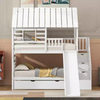Whisen Twin over Twin House Bunk Bed with Trundle and Slide, Storage Staircase, Roof and Window Design