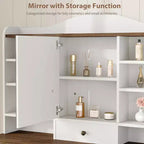 10-Drawer Vanity Desk with Mirror, Walnut Finish with 10 Shelves and Stool, for Bedroom, Easy Assembly