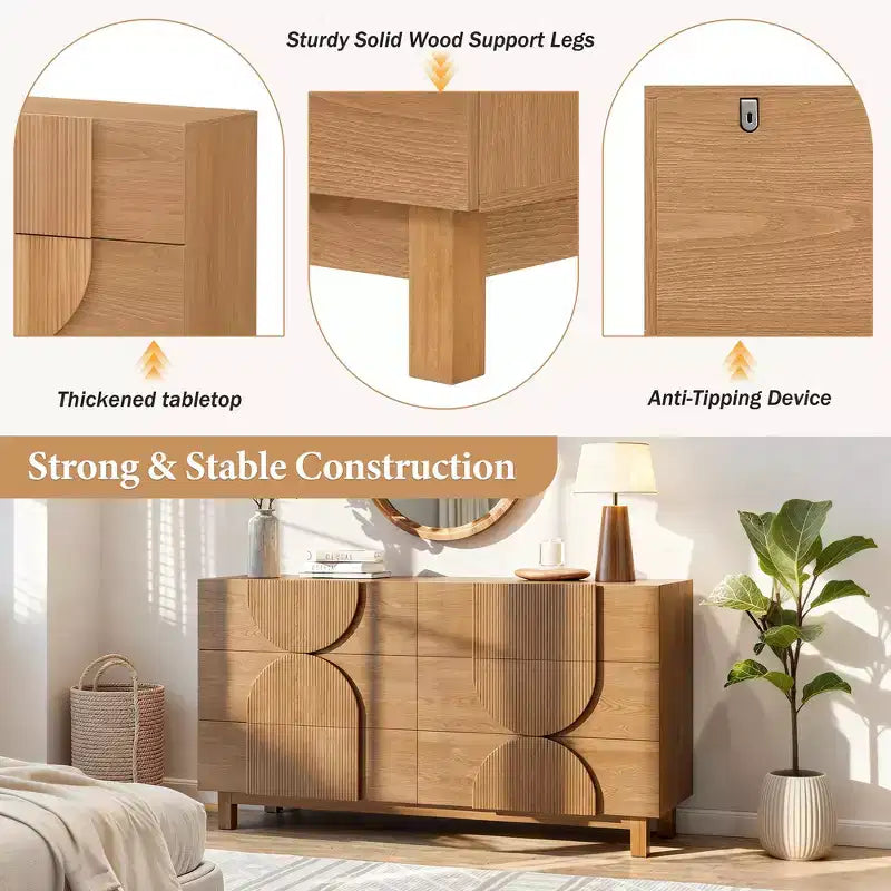 6-Drawer Modern Geometric Dresser, Half-Circle Accent Wide Storage Chest for Bedroom & Living Room