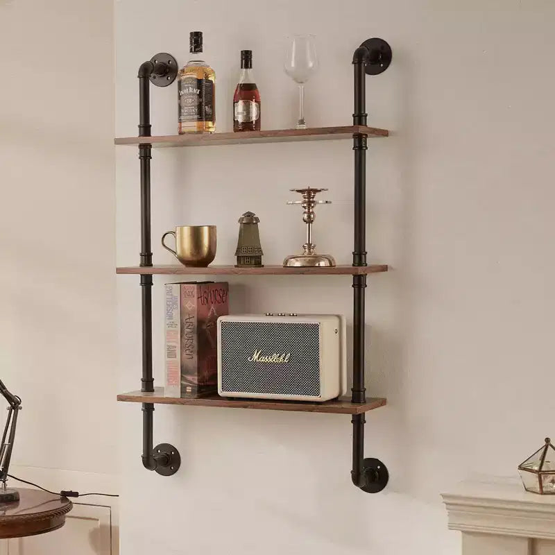 VEVOR Industrial Pipe Shelf, 3 Tier 24x7.87in, Wall-Mount Floating Rustic Wood Shelves Bracket Display Bookshelf, Storage Rack Sundries Holder,Black