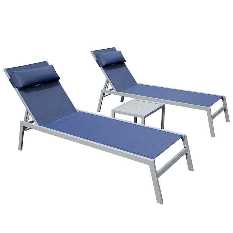 Patio Chaise Lounge Set of 3, Aluminum Pool Lounge Chairs with Side Table, Outdoor Adjustable Recliner All Weather