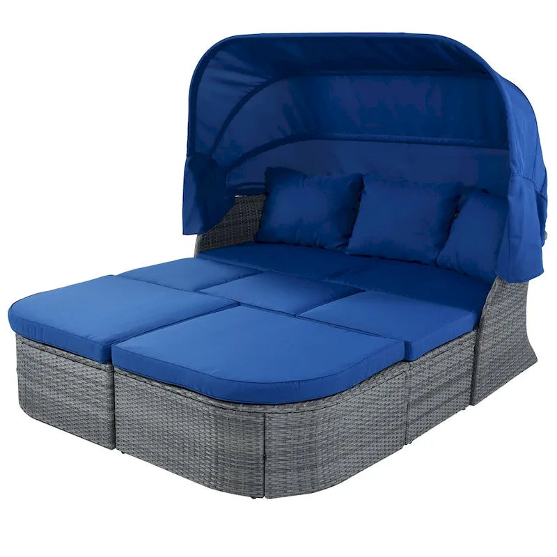 Outdoor Gray Wicker Daybed with Cushions and Retractable Canopy