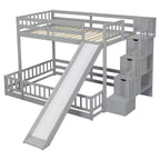 Twin over Full Bunk Bed with Slide, Storage Staircase, Safety Guardrails and Solid Pine Wood Frame, White/Grey