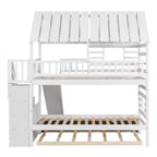 Whisen Twin over Twin House Bunk Bed with Trundle and Slide, Storage Staircase, Roof and Window Design