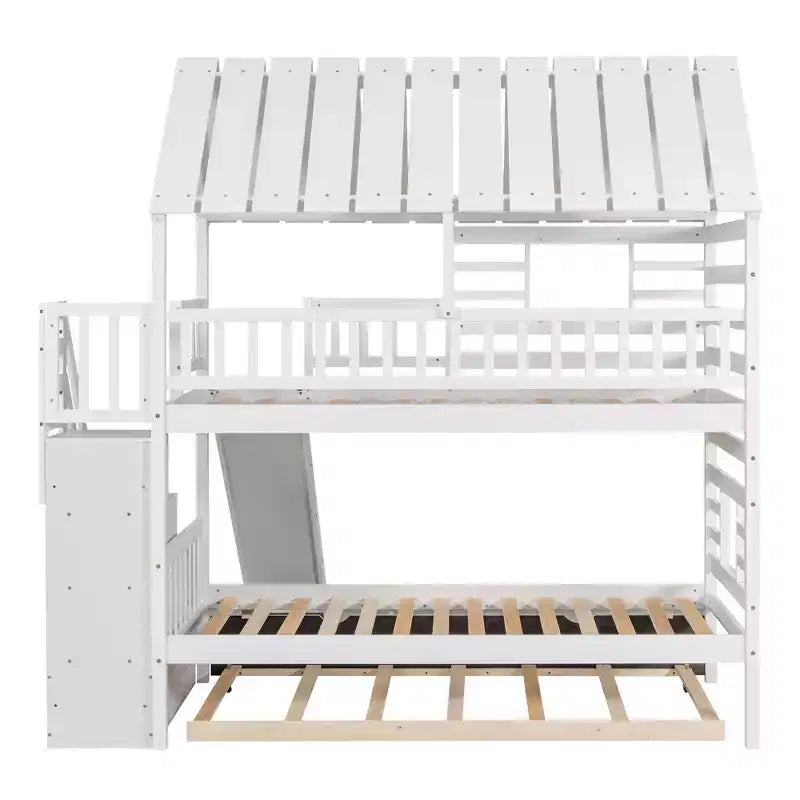 Whisen Twin over Twin House Bunk Bed with Trundle and Slide, Storage Staircase, Roof and Window Design