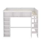 Whisen Queen Size Wooden Loft Bed Frame with Storage Cabinets and Shelves