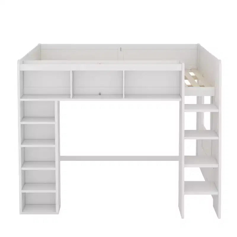 Whisen Queen Size Wooden Loft Bed Frame with Storage Cabinets and Shelves