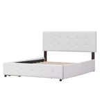 Upholstered Platform Bed with Classic Headboard and 4 Drawers No Box Spring Needed Linen Fabric Queen Size Beige