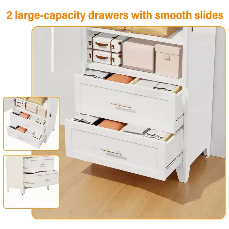 JVNOXK 71 inchTall Metal Wardrobe Cabinet with 2 Drawers and Hanging Rod, 2 Doors Wardrobe Closet with Shelf for Bedroom, White