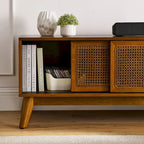 Vintage Rattan TV Cabinet with 2 Storage Cabinets and 4 Wooden Legs for Living Room Bedroom and Office