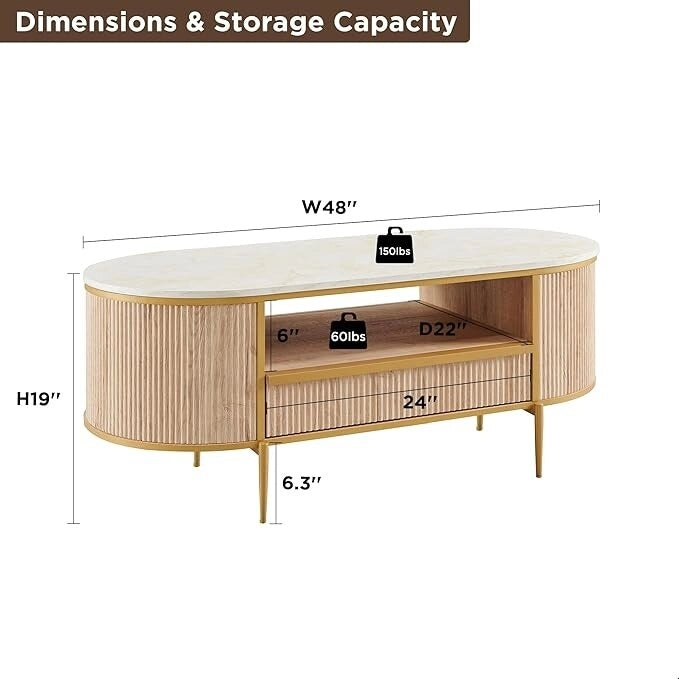 Modern Luxury Fluted Coffee Table, Center Table with Faux Marble Top