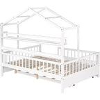Acekool Full Size House Bed Frame with Twin Trundle, Storage Drawers & Shelves, Roof & Fence, Kids Platform Bed, White
