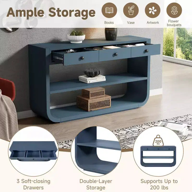 ModernLuxe Curved Console Table Entryway Table Sofa Side Table Display Stand Accent Table with 3 Soft-Close Drawers & 2 Open Shelves