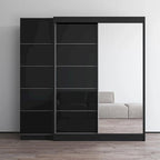2-Door Wardrobe with Mirror, Glass Front, 2-Person (Gray / Black / White)