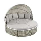 Round Outdoor Daybed Two-Tone Weave Sunbed with Retractable Canopy