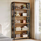 Lantine 70.87 Industrial Bookshelf, 6-Tier Bookcase with Geometric Metal Frame & Open Storage Shelves for Home Office, Living Room, Brown