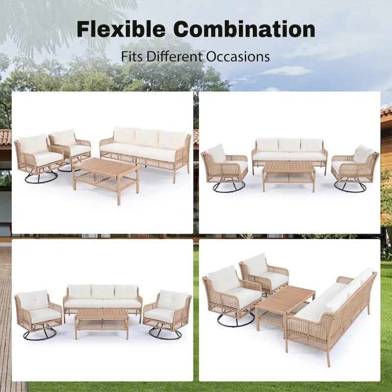 4-Pieces Outdoor Rattan Conversation Sofa Set with Swivel Chairs and Coffee Table