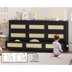 Dresser for Bedroom, Rattan 9 Drawer Dresser for Closet, Double Wood Dressers & Chest of Drawers