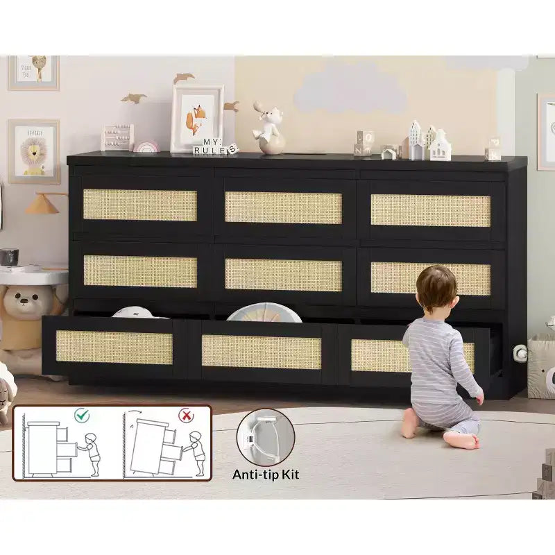 Dresser for Bedroom, Rattan 9 Drawer Dresser for Closet, Double Wood Dressers & Chest of Drawers