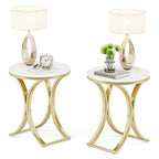 Small Modern Round Side Table End Table Nightstand with Gold Metal Frame and Faux Marble Veneer Engineered Wood for Living Room