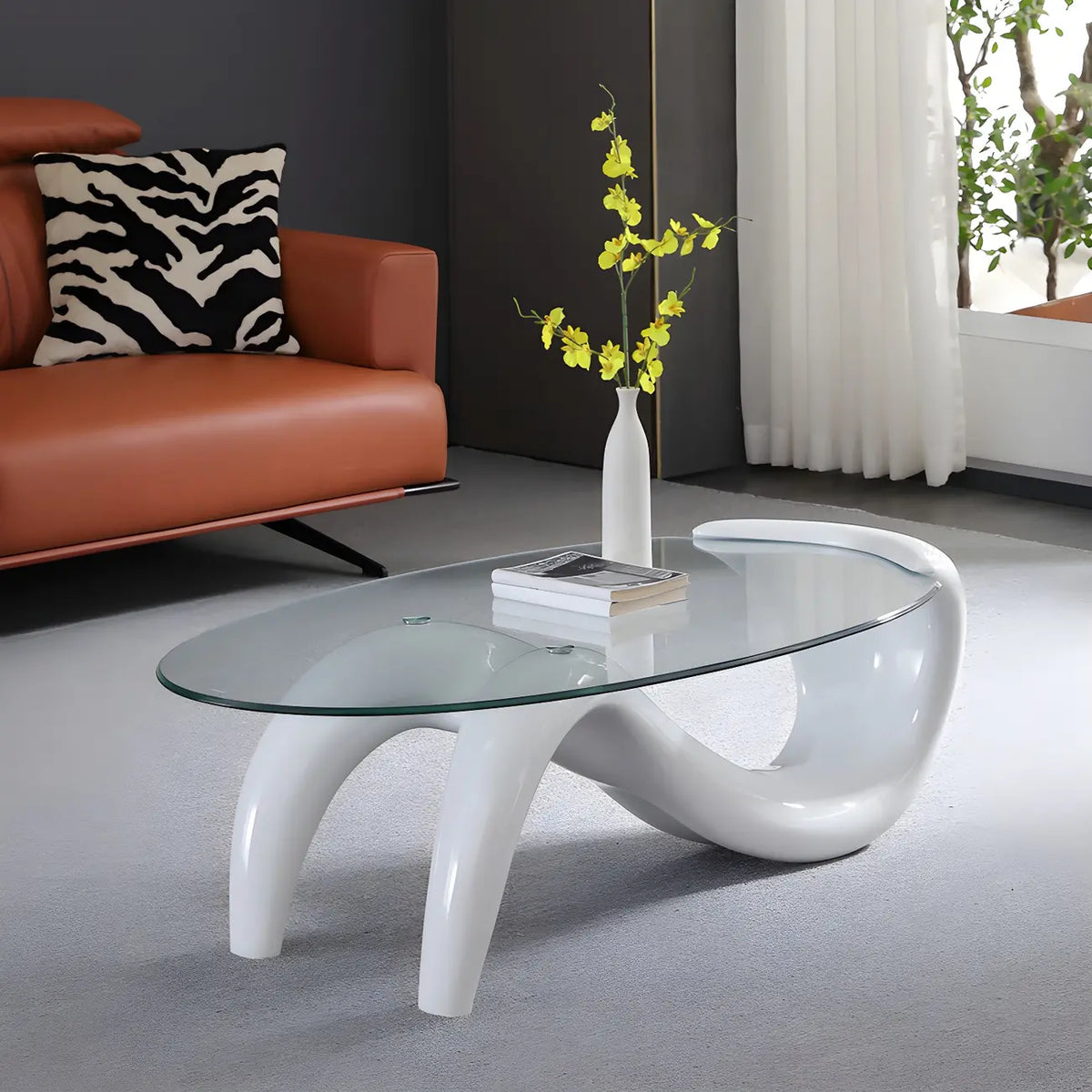 Abstract Modern Oval Glass Top Metal Base Coffee Table