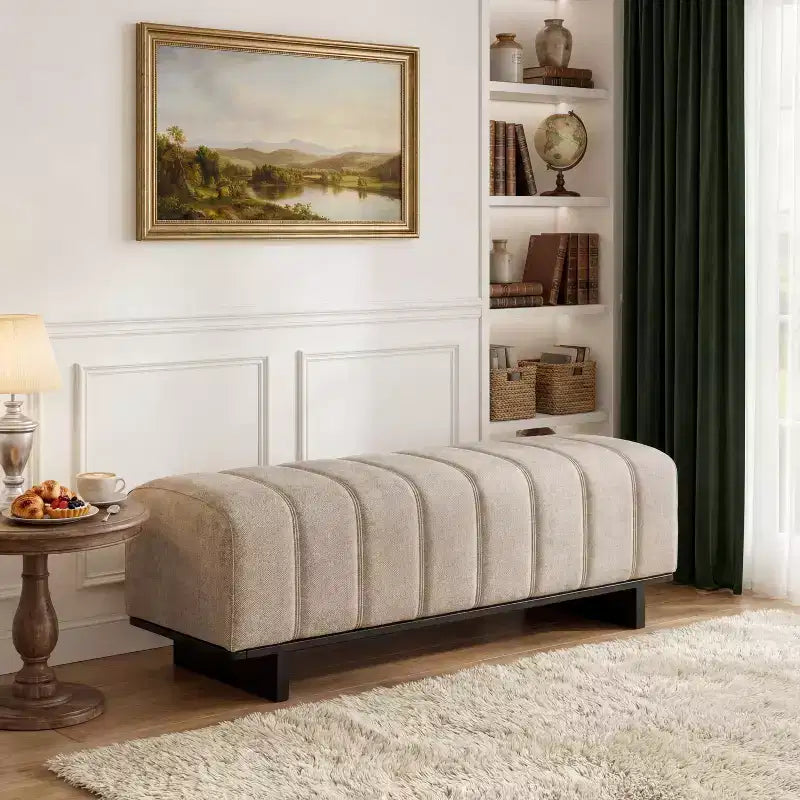 Modern Tufted Faux Fur Dining Bench with Rubberwood Legs, 63.62