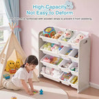 VECELO Kids Bookshelf Toy Storage with 12 Bins, Wooden Toy Rack for Toddlers, Large-Capacity Playroom Storage for Books or Toys