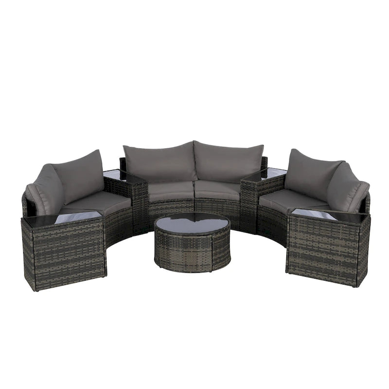 11-Piece Outdoor Half-Round Modular Sectional Sofa Set with Tempered Glass Coffee Table and 4 Side Table