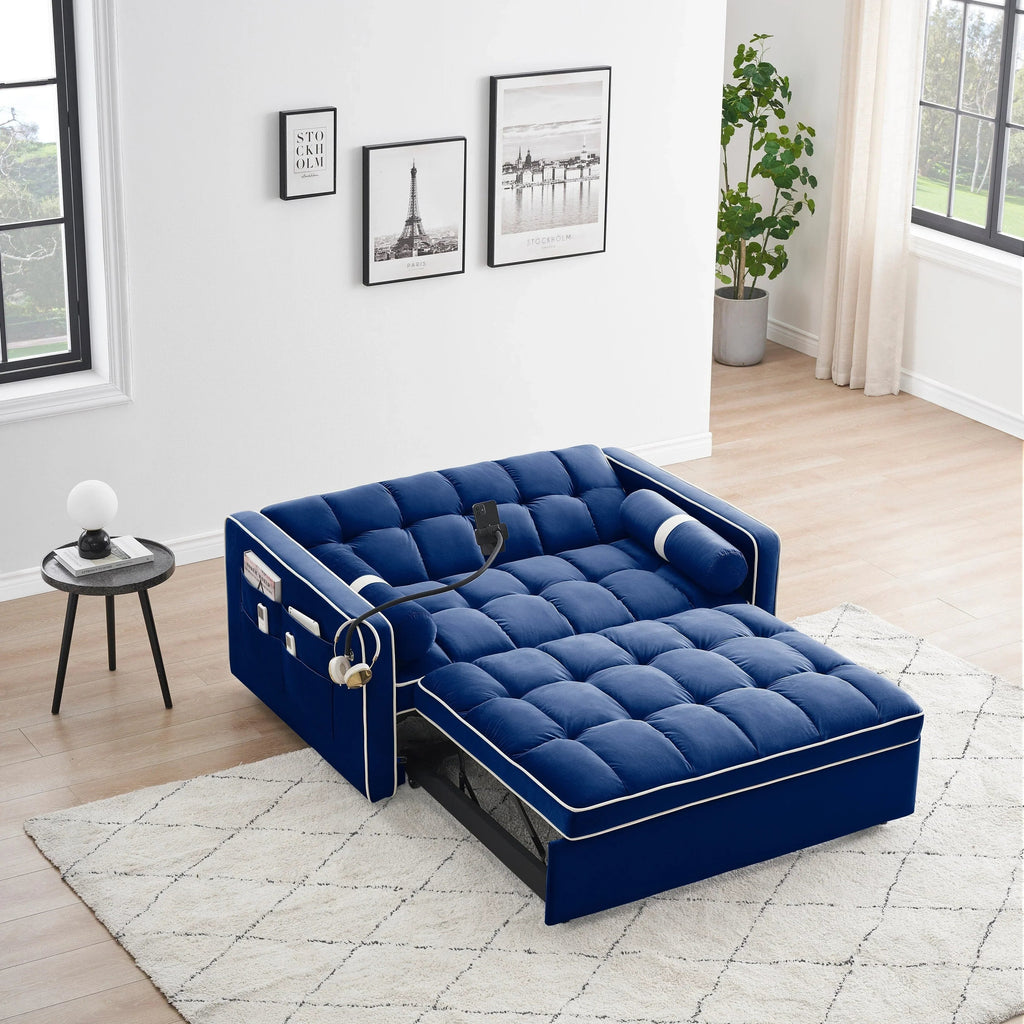 Velvet Convertible 55 2-Seater Sleeper Sofa with Pull-Out Bed, Adjustable Recline, Side Pockets, and Phone Holder