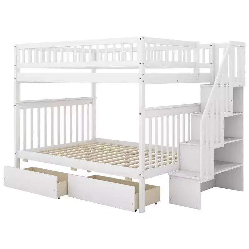 Full over Full Bunk Bed with Drawers and Storage Staircase