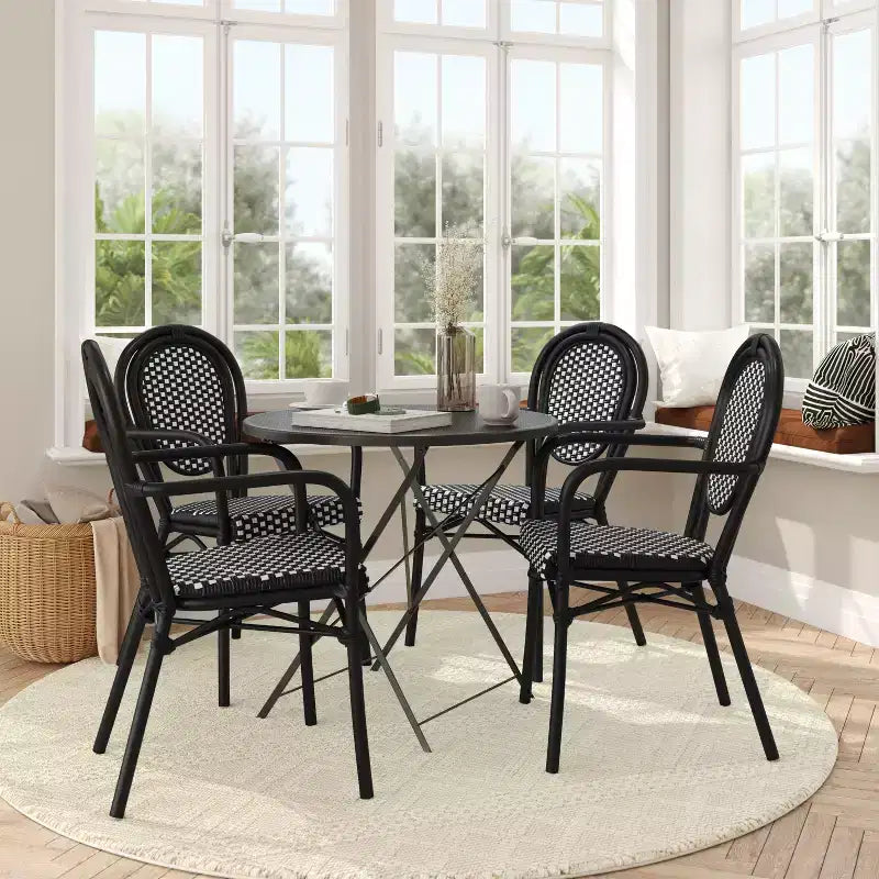 Flash Furniture 4 Pack Lourdes Indoor/Outdoor Commercial Thonet Bistro Stacking Chair with Arms, PE Rattan and Aluminum Frame