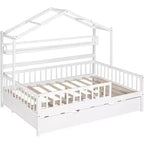 Acekool Full Size House Bed Frame with Twin Trundle, Storage Drawers & Shelves, Roof & Fence, Kids Platform Bed, White