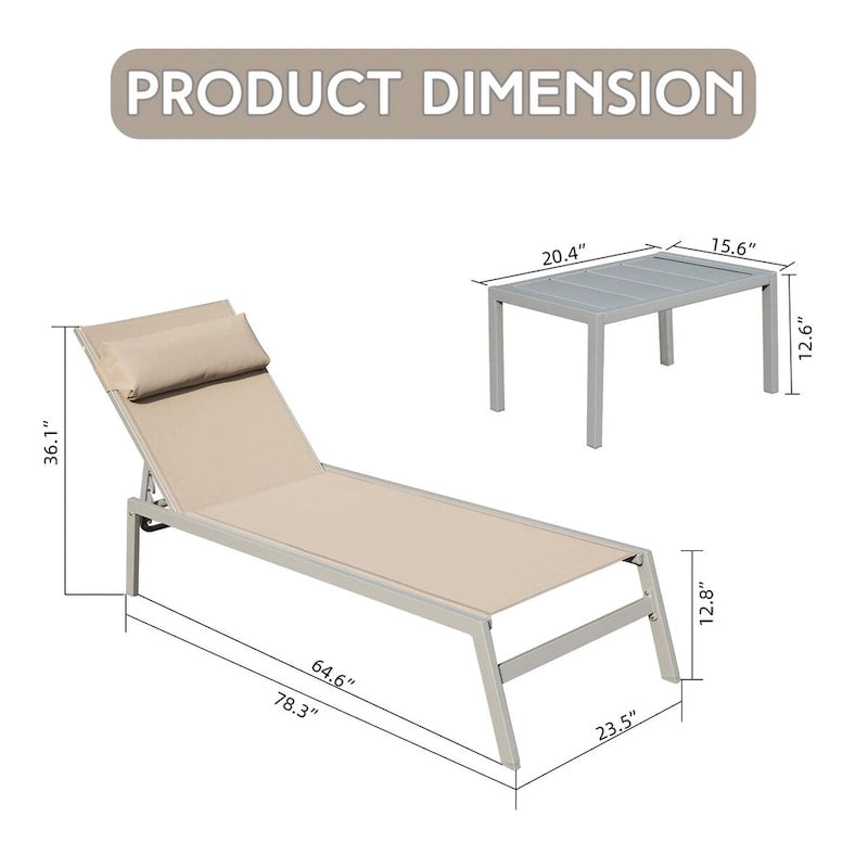 Patio Chaise Lounge Set of 3, Aluminum Pool Lounge Chairs with Side Table, Outdoor Adjustable Recliner All Weather