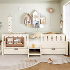 Bellemave Queen Size Toddler Bed with 14 Safety Guardrails, Space-saving Bed Frame with Built-in Bookshelves & 2 Under-Bed Storage Drawers