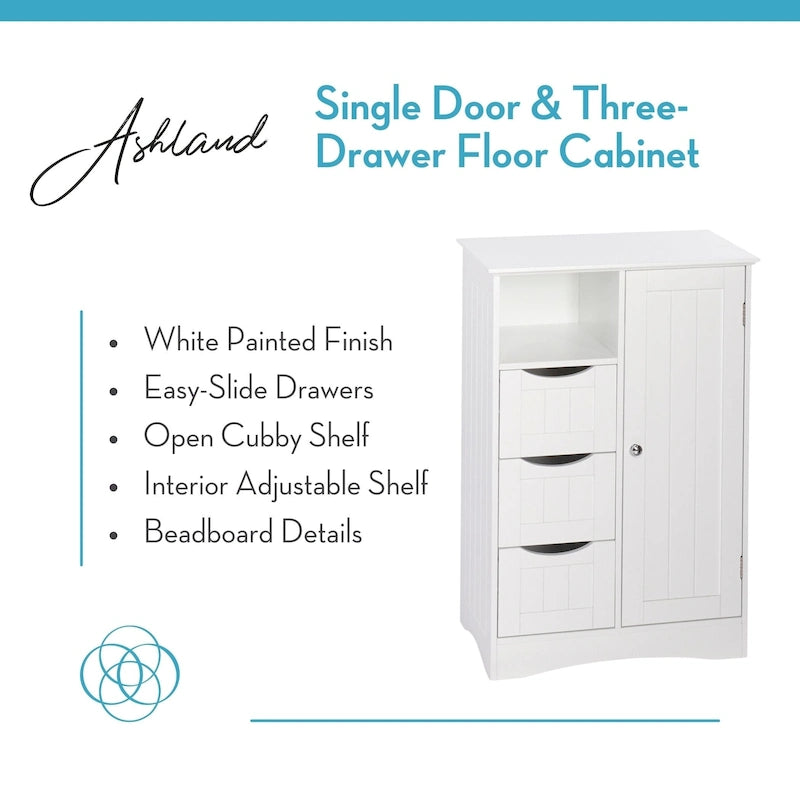 RiverRidge Ashland Single Door Bathroom and Laundry Storage Cabinet with 3 Drawers, Open and Adjustable Shelf
