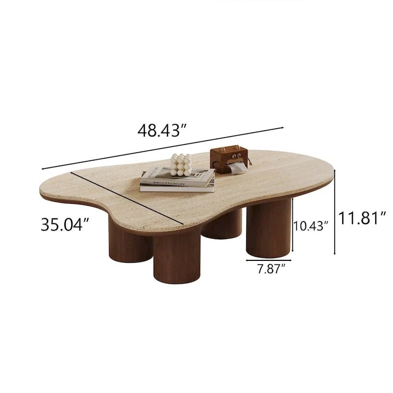 48 Modern Wood Coffee Table, Matte Stone Top, cloud Shaped