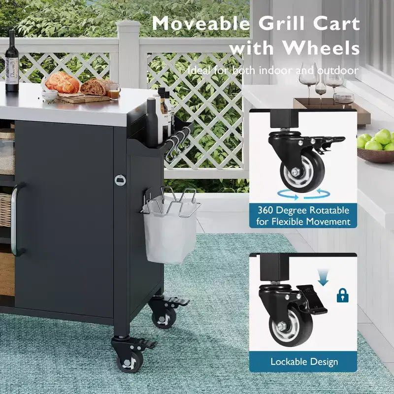 55.5 Outdoor Kitchen Island with Sink, Stainless Steel Prep Table with Spice Rack & Lockable Wheels, BBQ Grill Cart Station, Black - ModernLuxe