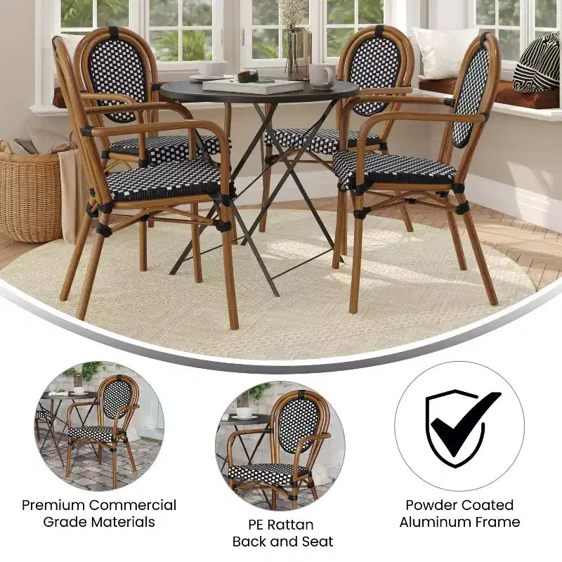 Flash Furniture 4 Pack Lourdes Indoor/Outdoor Commercial Thonet Bistro Stacking Chair with Arms, PE Rattan and Aluminum Frame