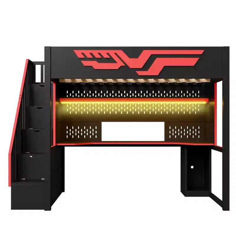 Whisen Full Size Gaming Loft Bed Frame with Desk and Storage Staircase - Red & Black