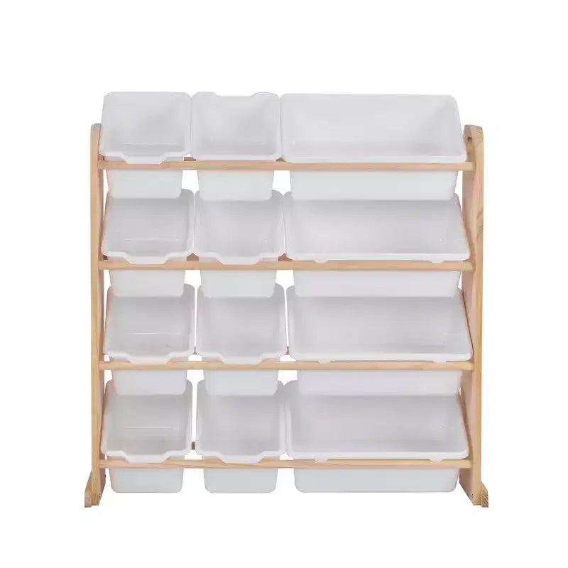 VECELO Kids Bookshelf Toy Storage with 12 Bins, Wooden Toy Rack for Toddlers, Large-Capacity Playroom Storage for Books or Toys
